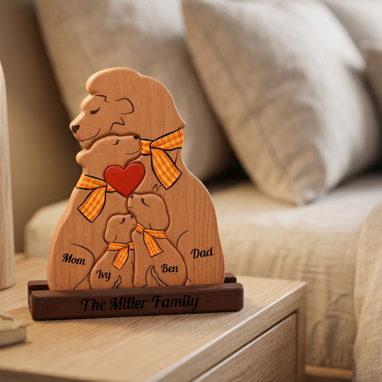 Wooden family portrait with three bears and a heart, personalized with 'The Miller Family' on a wooden stand.