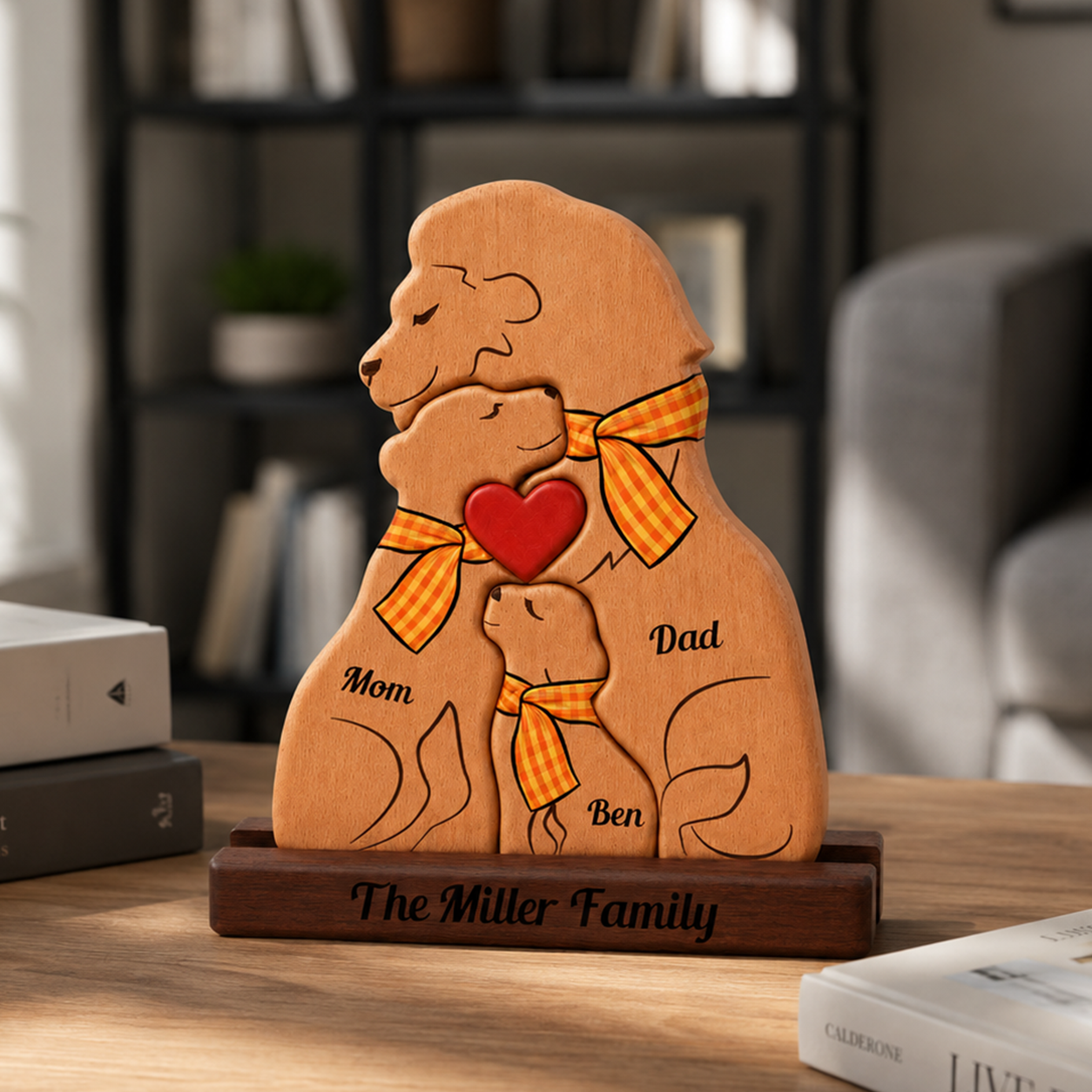 Wooden family figure with 'Mom', 'Dad', and kids name on a wooden base, placed on a table.
