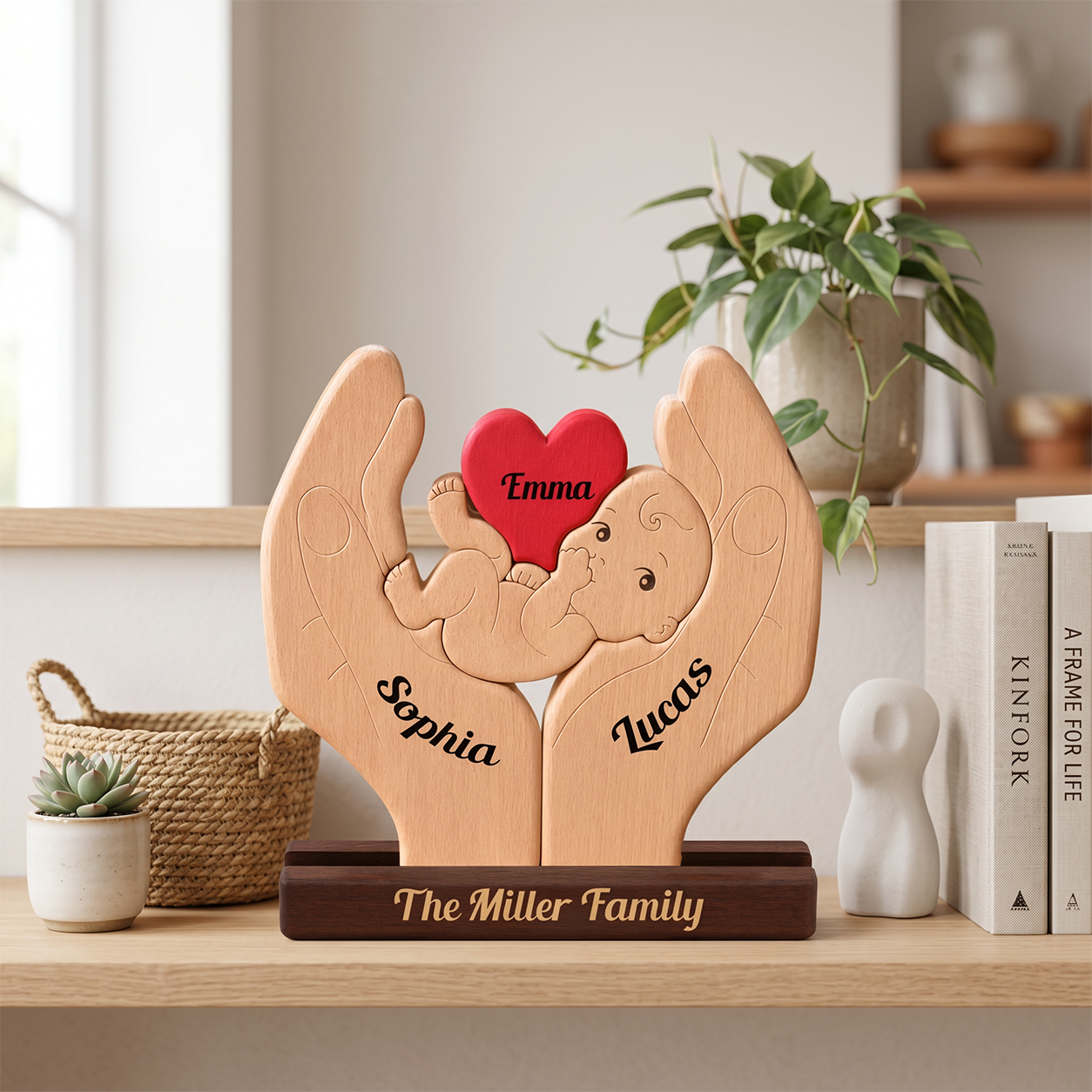 Personalized wooden baby memorial plaque shaped like two hands holding a baby, with engraved names, displayed on a shelf with books and plants.