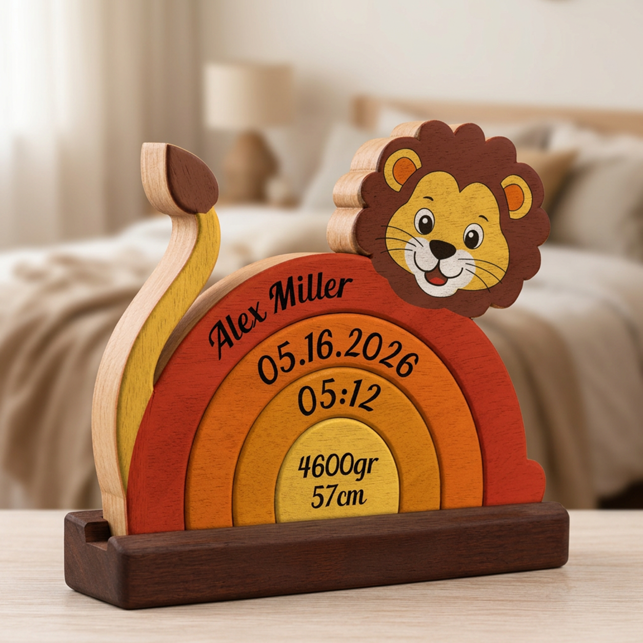 Wooden baby milestone with lion design on a blurred bedroom background
