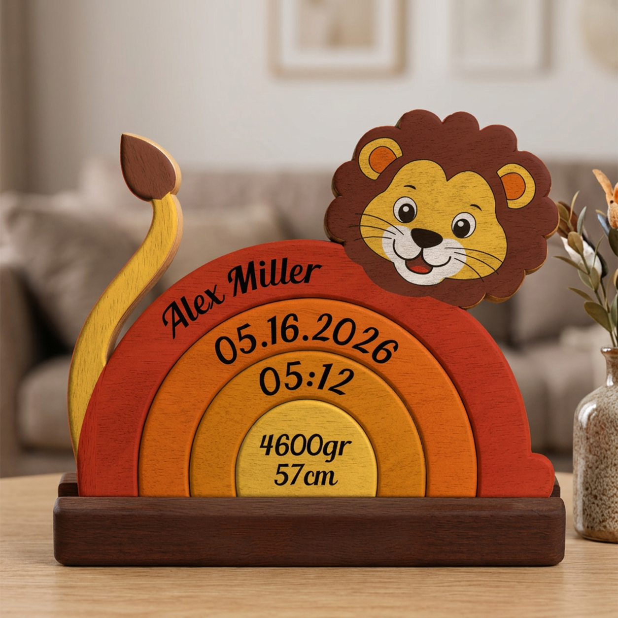 Wooden lion-shaped decorative item with engraved text on a blurred background
