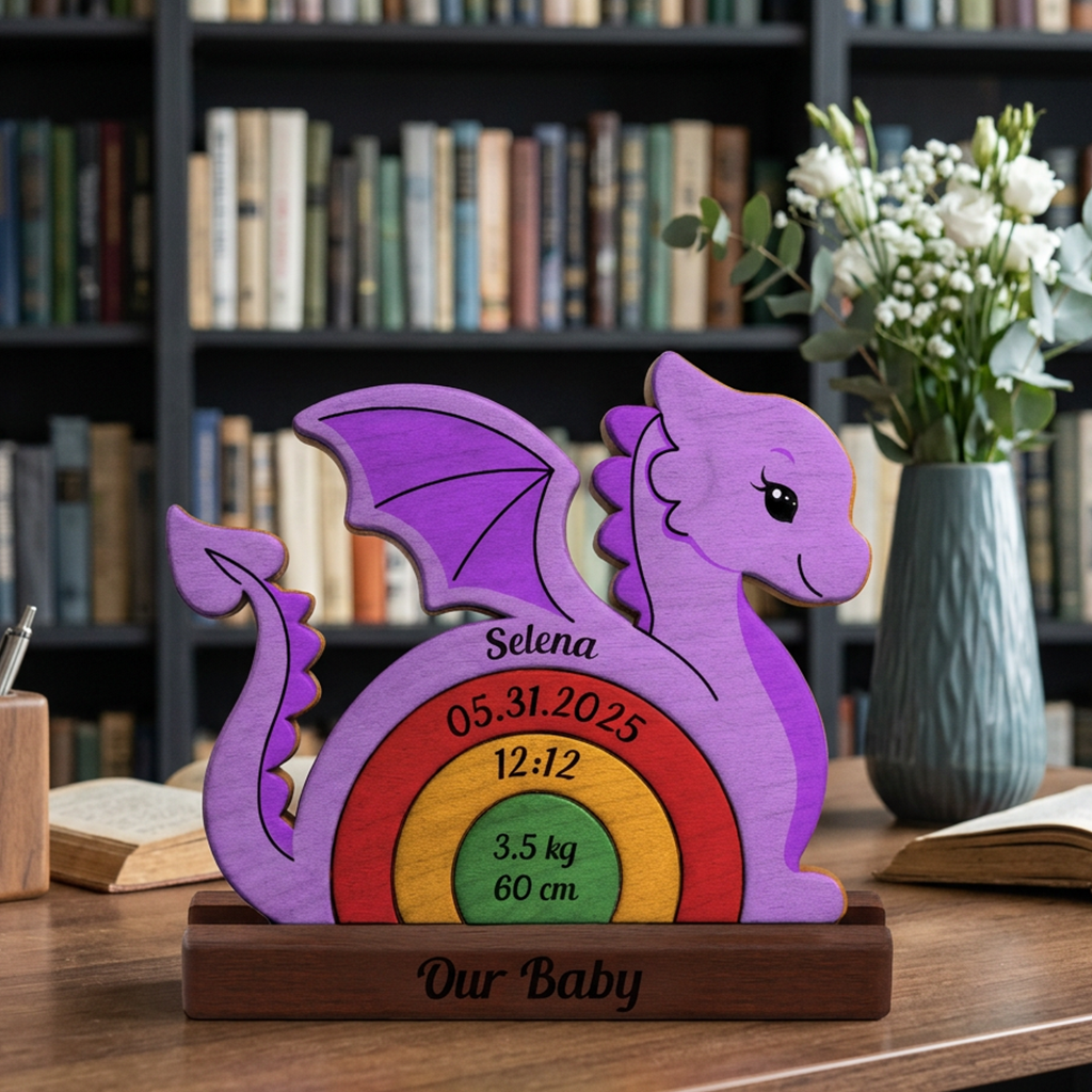 Wooden dragon with personalized details on a wooden stand, set against a bookshelf background.