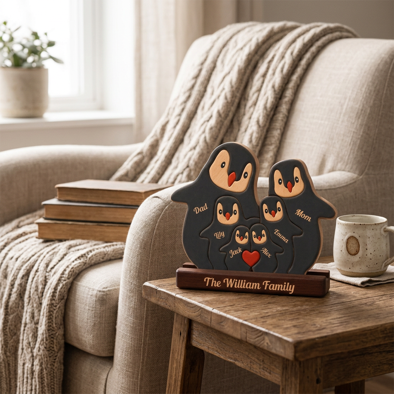 Personalized penguin family figurines on a wooden base, placed on a wooden side table next to a cozy beige armchair with a knitted throw blanket, books, and a mug.