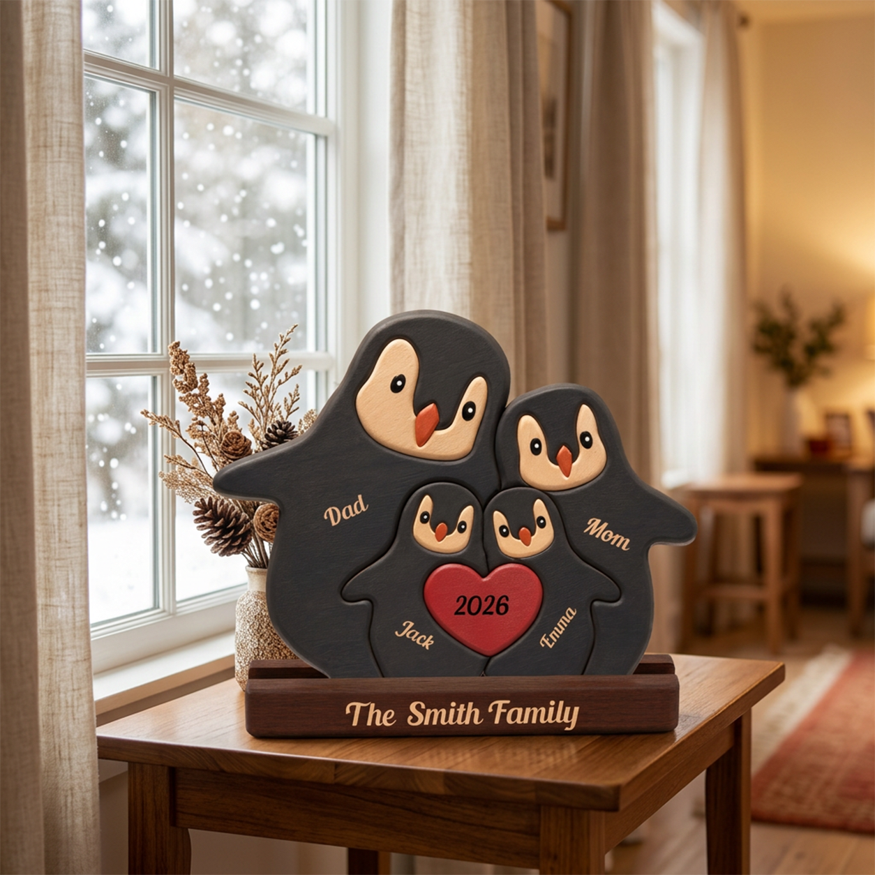 A personalized penguin family sculpture displayed on a wooden table in a cozy, warm-toned room with a window showing a snowy outdoor view. The sculpture features three penguins in dark charcoal gray with cream-colored beaks and feet, holding a red heart that reads '2026', with custom text 'Dad', 'Mom', and Kids names