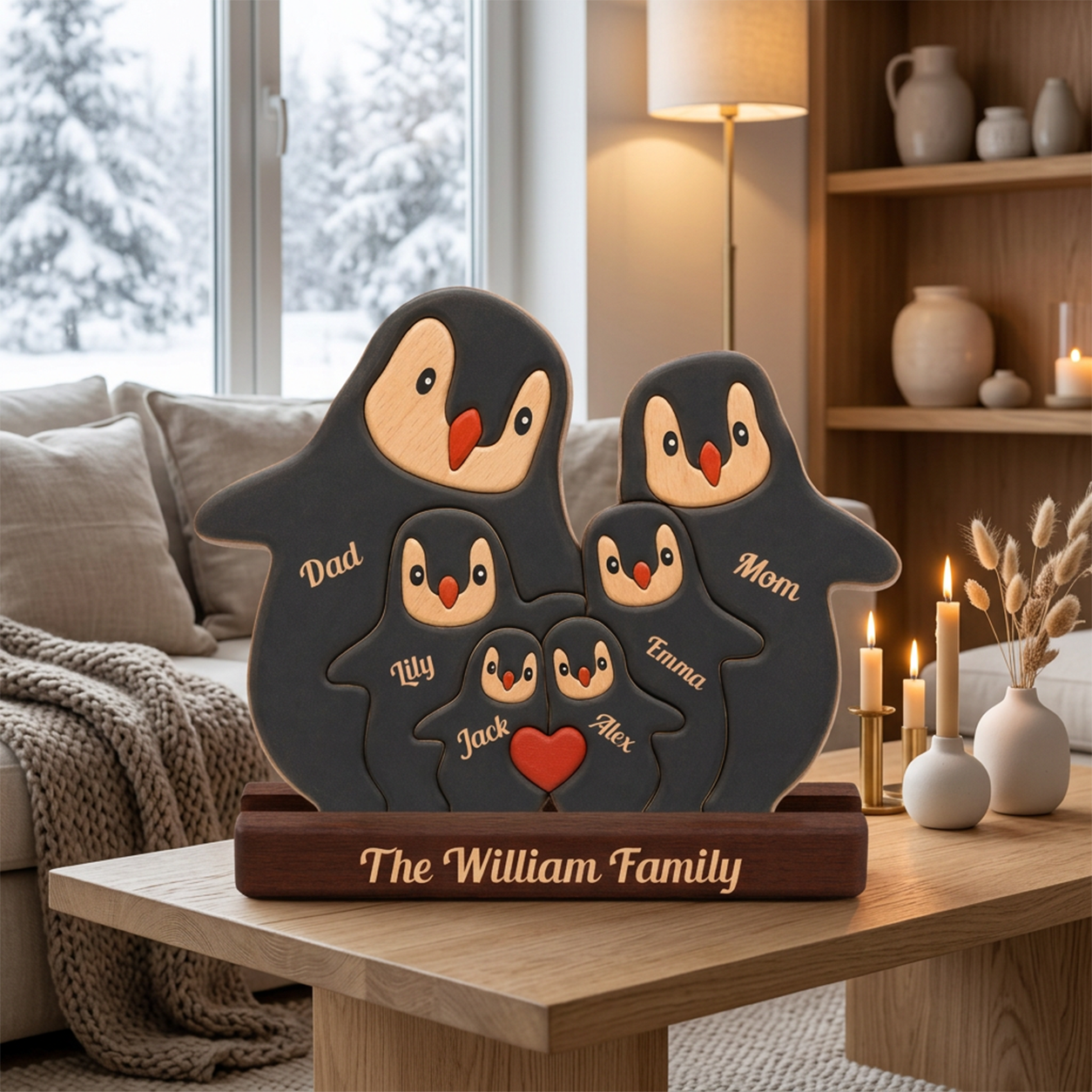 A personalized wooden penguin family plaque shaped like a family of five penguins standing on a base that reads 'The Family Name' The penguins are dark charcoal gray with cream beaks and feet, red beaks and hearts, and custom names on each penguin.