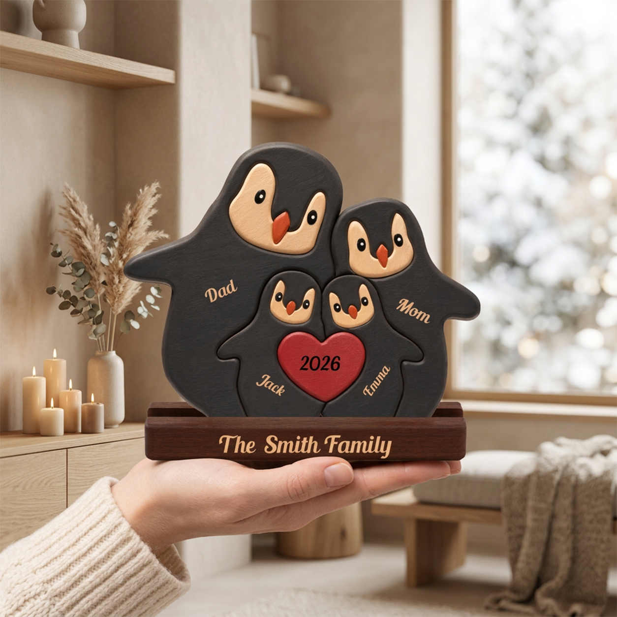 A hand holds a personalized penguin family plaque. 