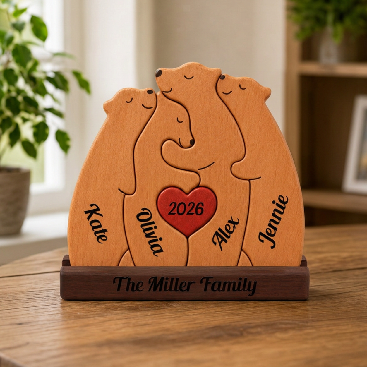 Wooden family puzzle with four bears and a heart, personalized with names and the year 2026, on a wooden stand.