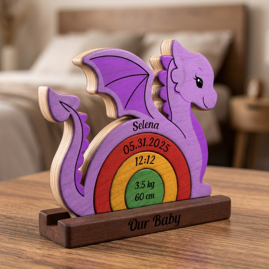 Wooden dragon-shape with personalized details on a wooden stand.