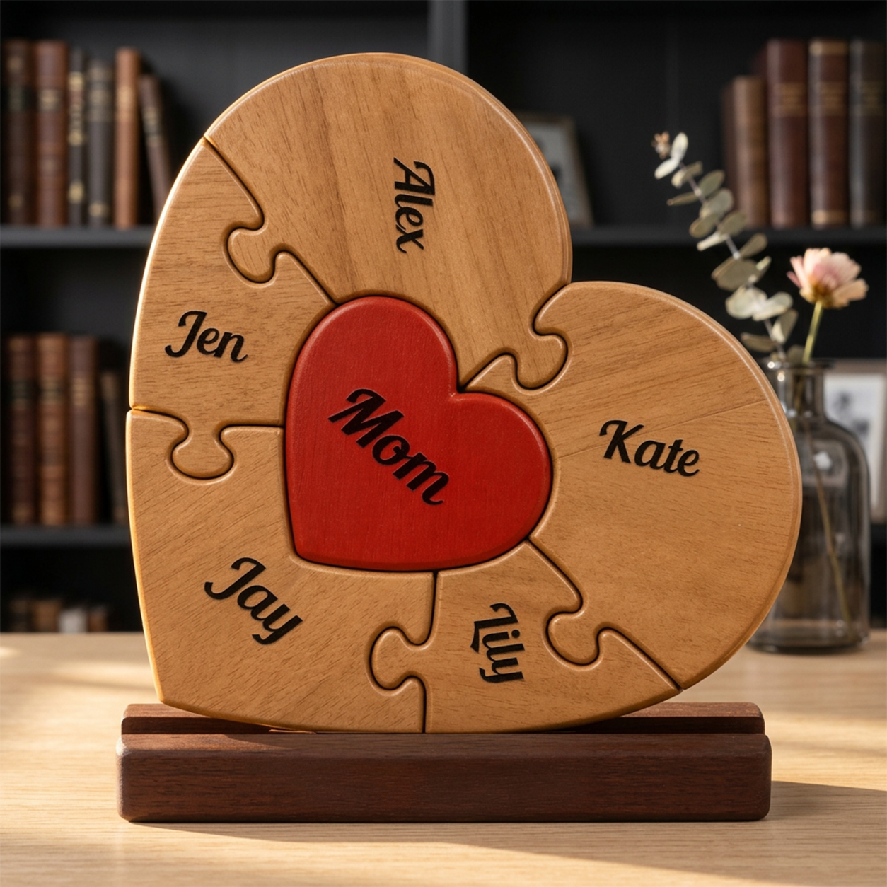Wooden puzzle heart-shaped plaque with names on a stand, against a bookshelf background.