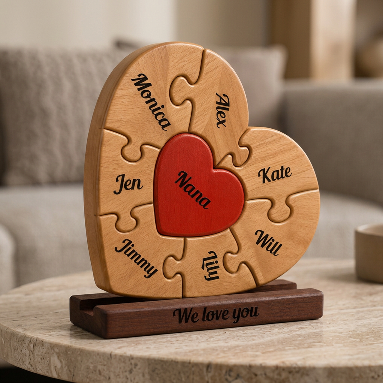 Heart-shaped wooden puzzle with names on a table