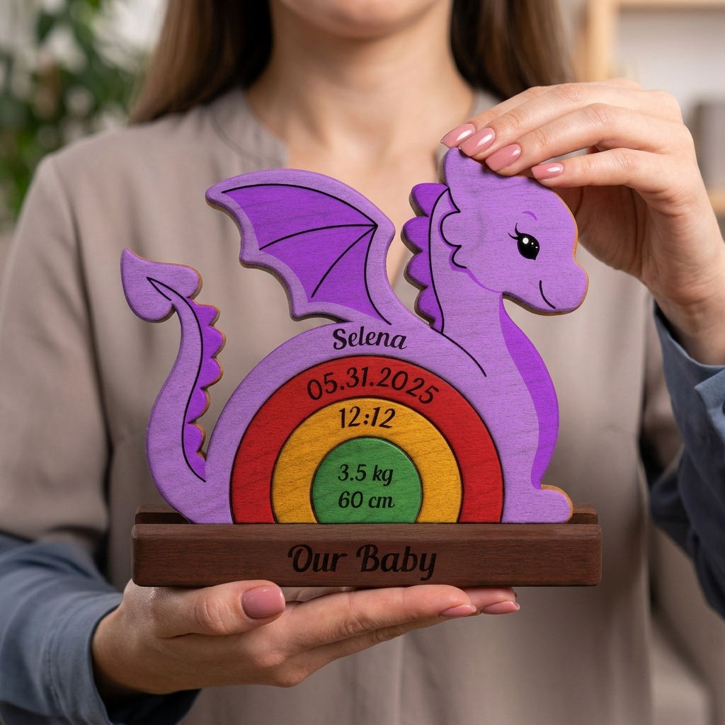 Person holding a purple dragon-shaped with personalized details