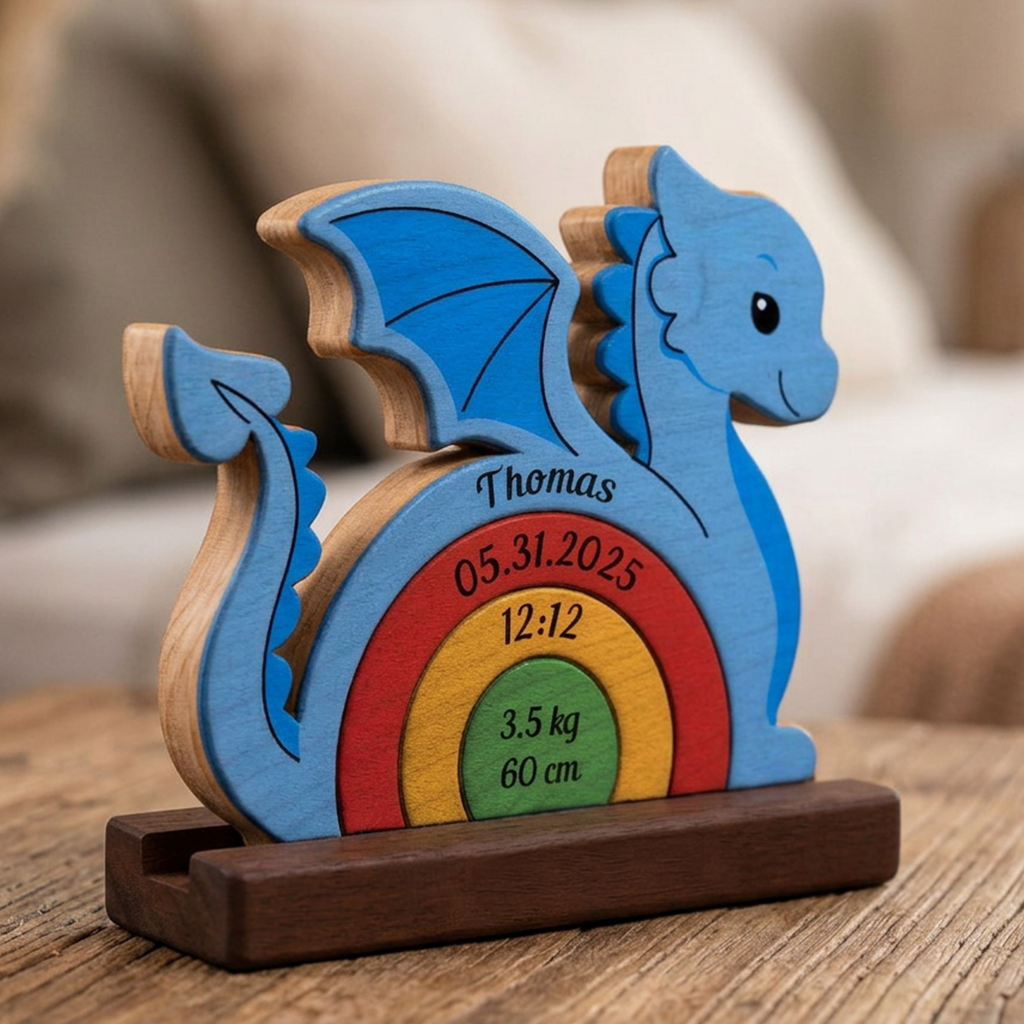Wooden dragon with engraved details on a wooden stand.
