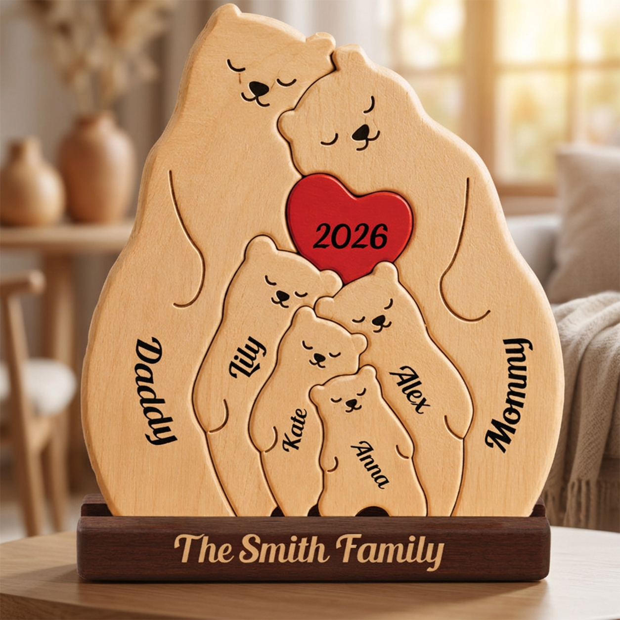 Personalized wooden family bear plaque with engraved bear silhouettes, a red heart reading 2026, and names, displayed on a dark wooden base labeled The Family Name in a softly blurred indoor setting.