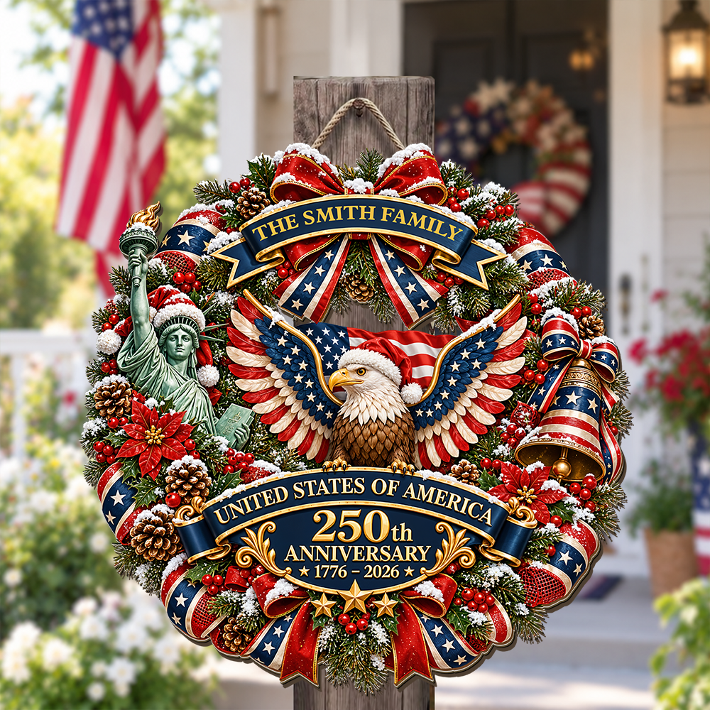 250 Years Of Freedom Wreath - Personalized Wood Sign - Christmas Decoration For Porch, Window, Door