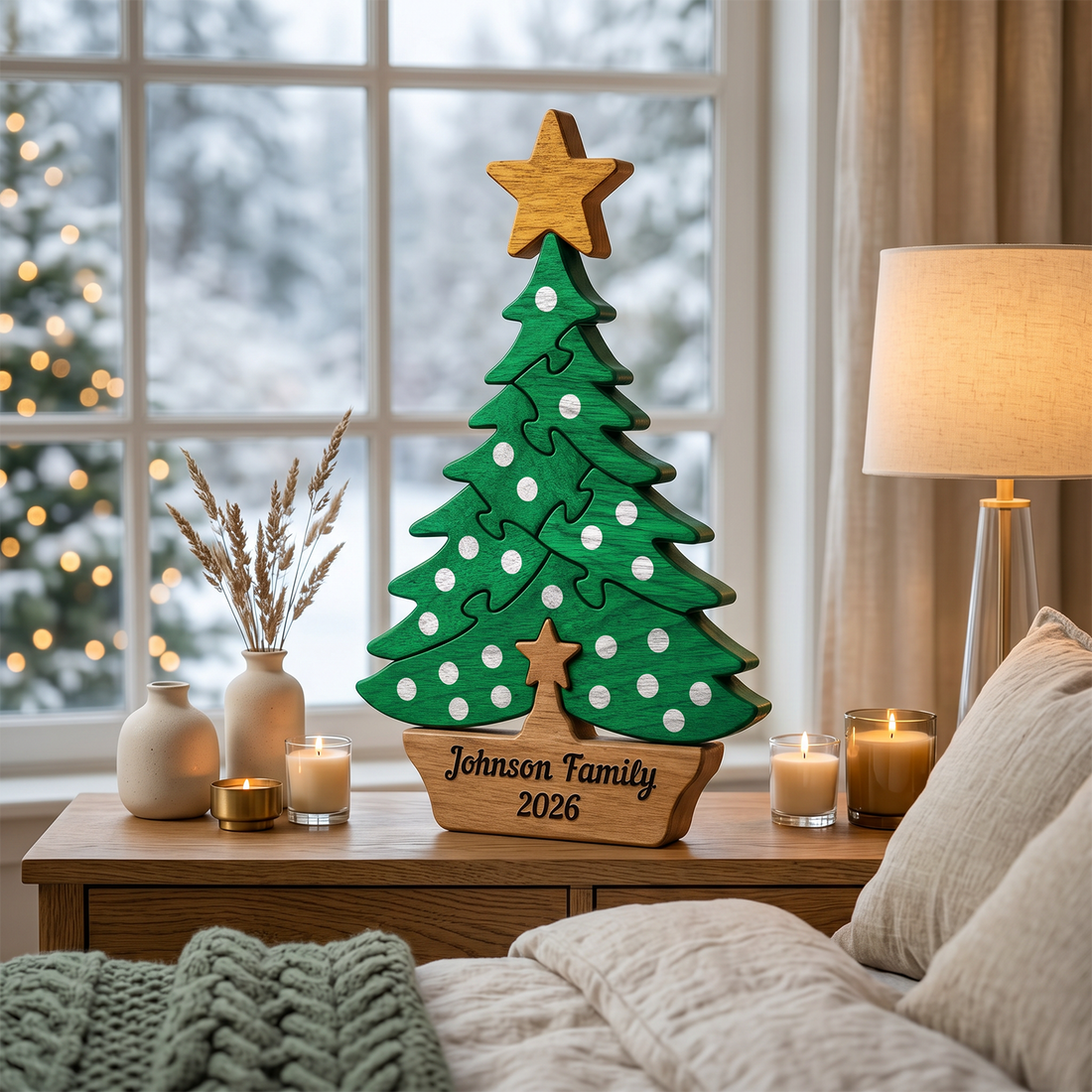 A personalized wooden Christmas tree tabletop decoration with a green body, white polka dots, a gold star topper, and a base engraved with the name 'Family 2026'. It is styled on a wooden nightstand in a cozy bedroom setting with candles, vases, and a window showing a snowy outdoor view.