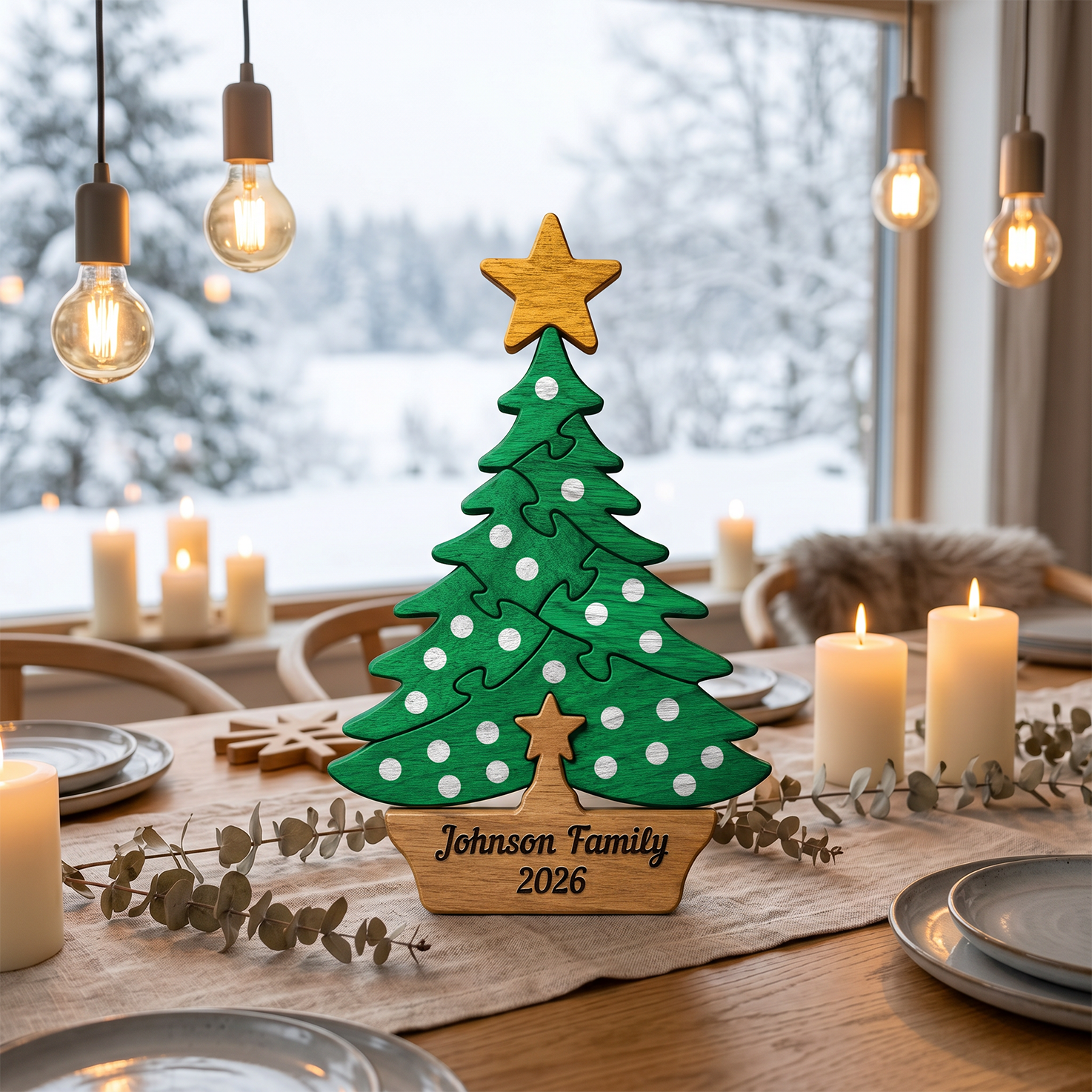 A personalized wooden Christmas tree centerpiece stands on a dining table. The green tree with white polka dots has a gold star on top and a wooden base engraved with 'Family 2026'.