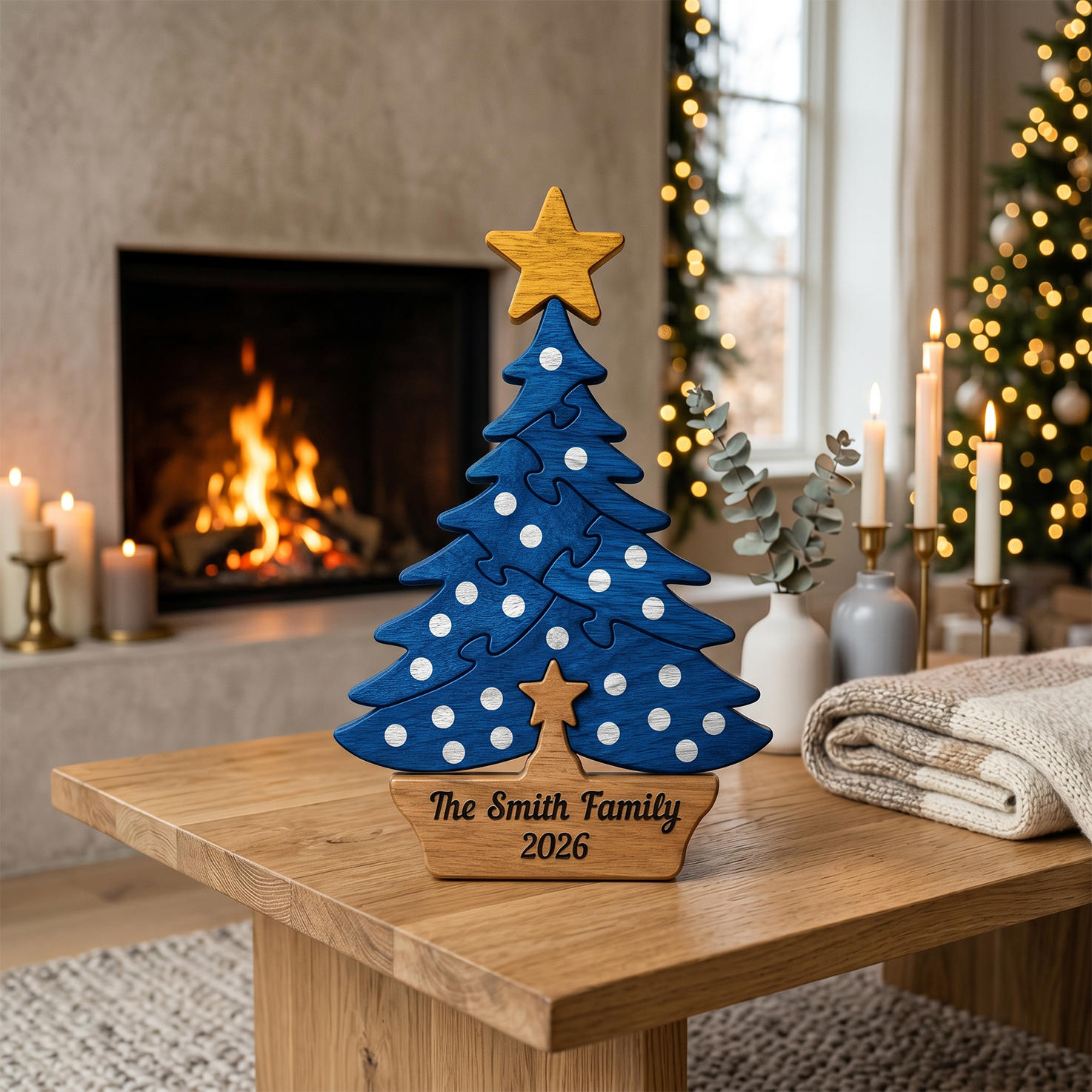 A personalized wooden Christmas tree with a blue body, white polka dots, a gold star topper, and a wooden base engraved with 'The Family 2026', displayed on a wooden table in a cozy living room with a fireplace and lit Christmas trees in the background.