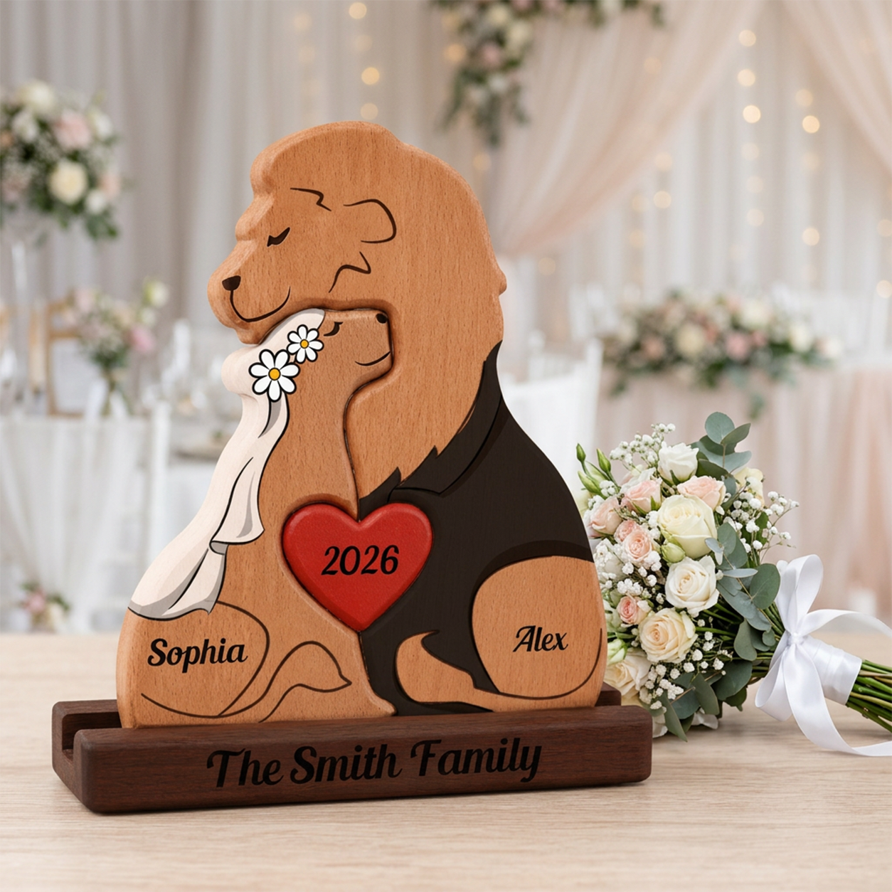 wedding wooden with a heart and names on a decorative background.
