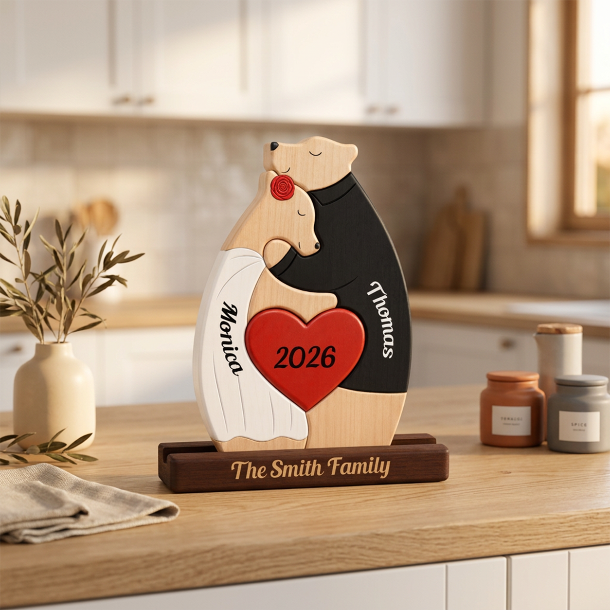Personalized wooden bear couple figurine on a dark wooden base, displayed on a kitchen counter. The bears are hand-painted in natural wood tones with black, white, and red accents, featuring custom names 