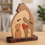 Wooden family puzzle with engraved names on a wooden stand