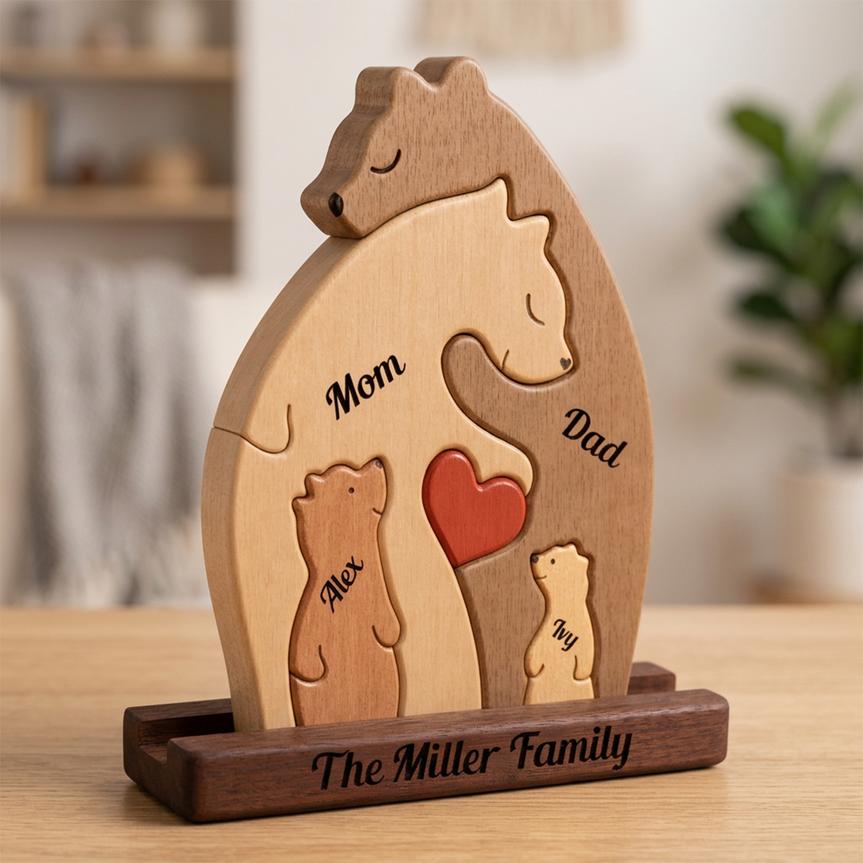 Wooden family puzzle with engraved names on a wooden stand