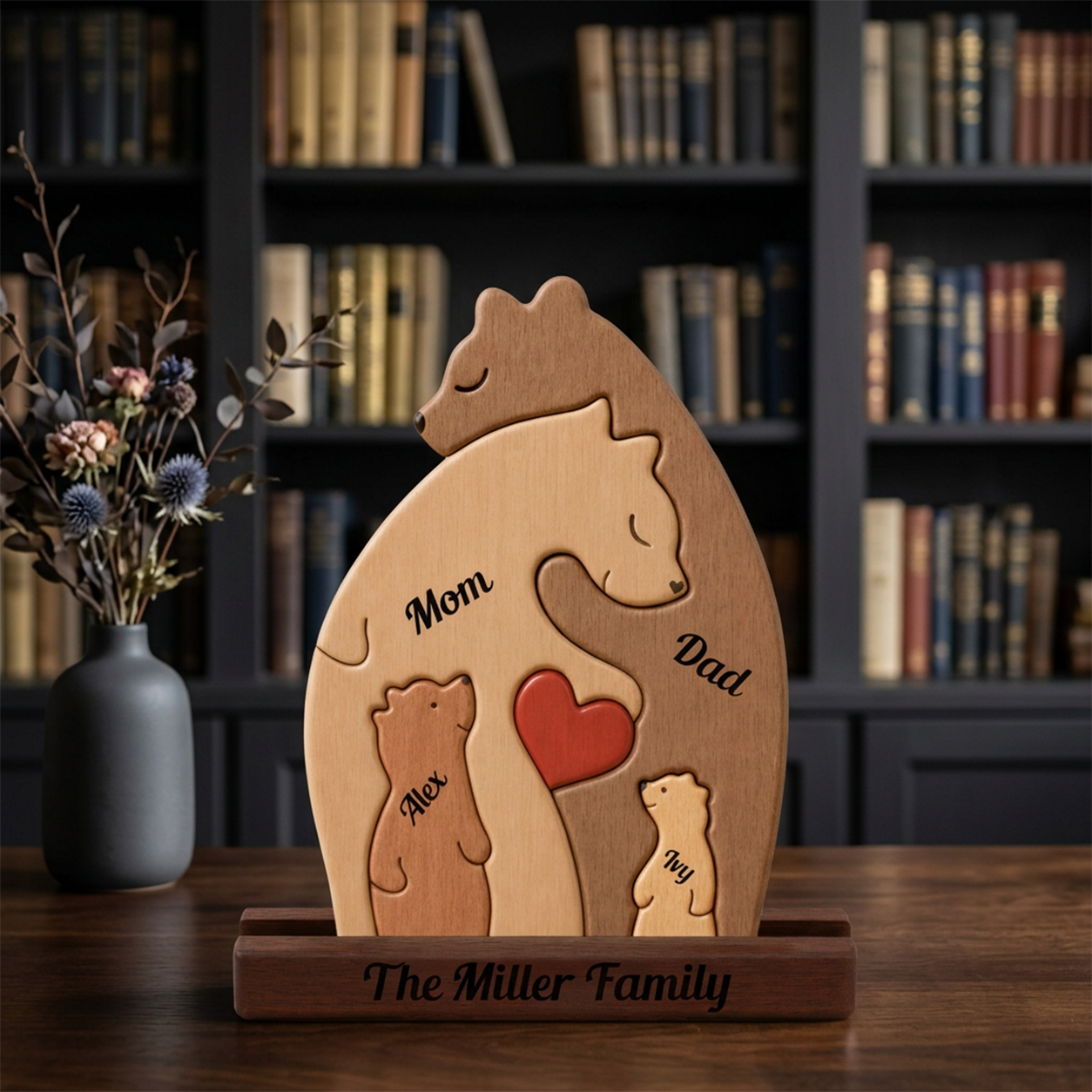 Wooden family emblem with engraved names in a home setting