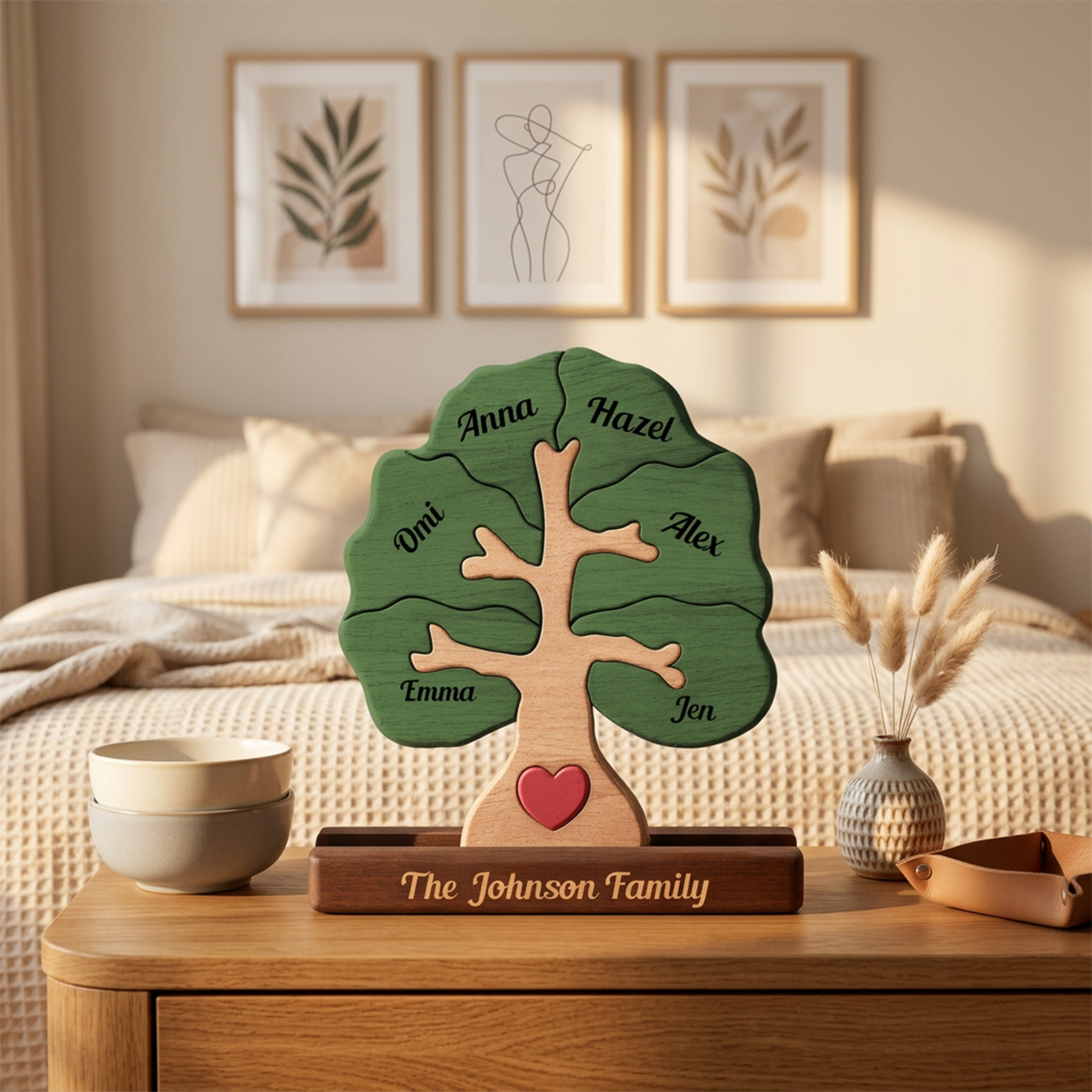 A personalized wooden family tree plaque displayed on a wooden nightstand in a warm, softly lit bedroom. The tree has green painted leaves, a natural wood trunk and branches, and a small red heart at the base.