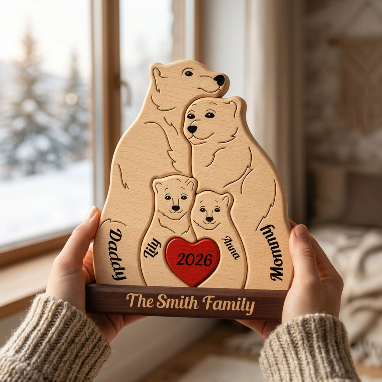 A personalized wooden family plaque shaped like a polar bear family, held by two hands in a cozy indoor setting. The light natural wood plaque features engraved black line art of a mother, father, and two cubs, with a red heart in the center reading '2026'.